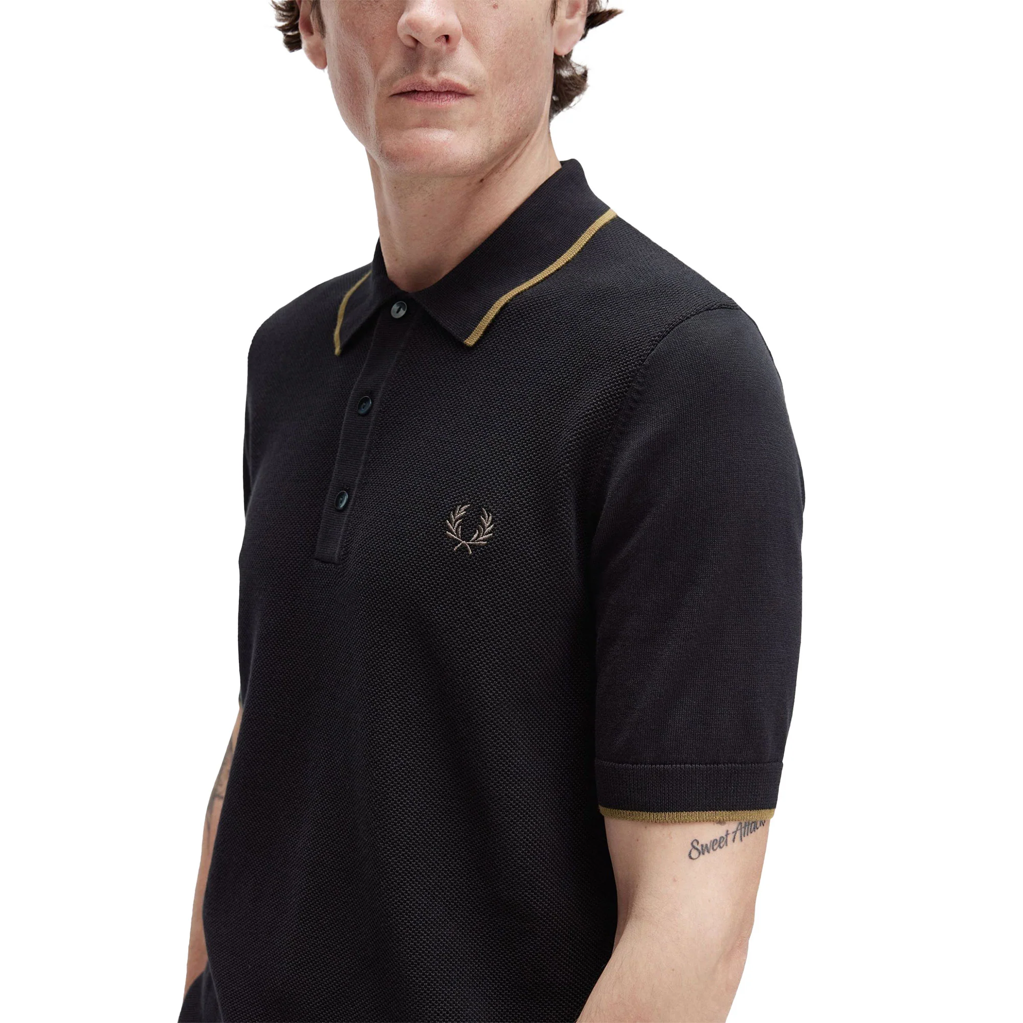 Fred Perry Pique Stitch Knitted Shirt Black - Image 3