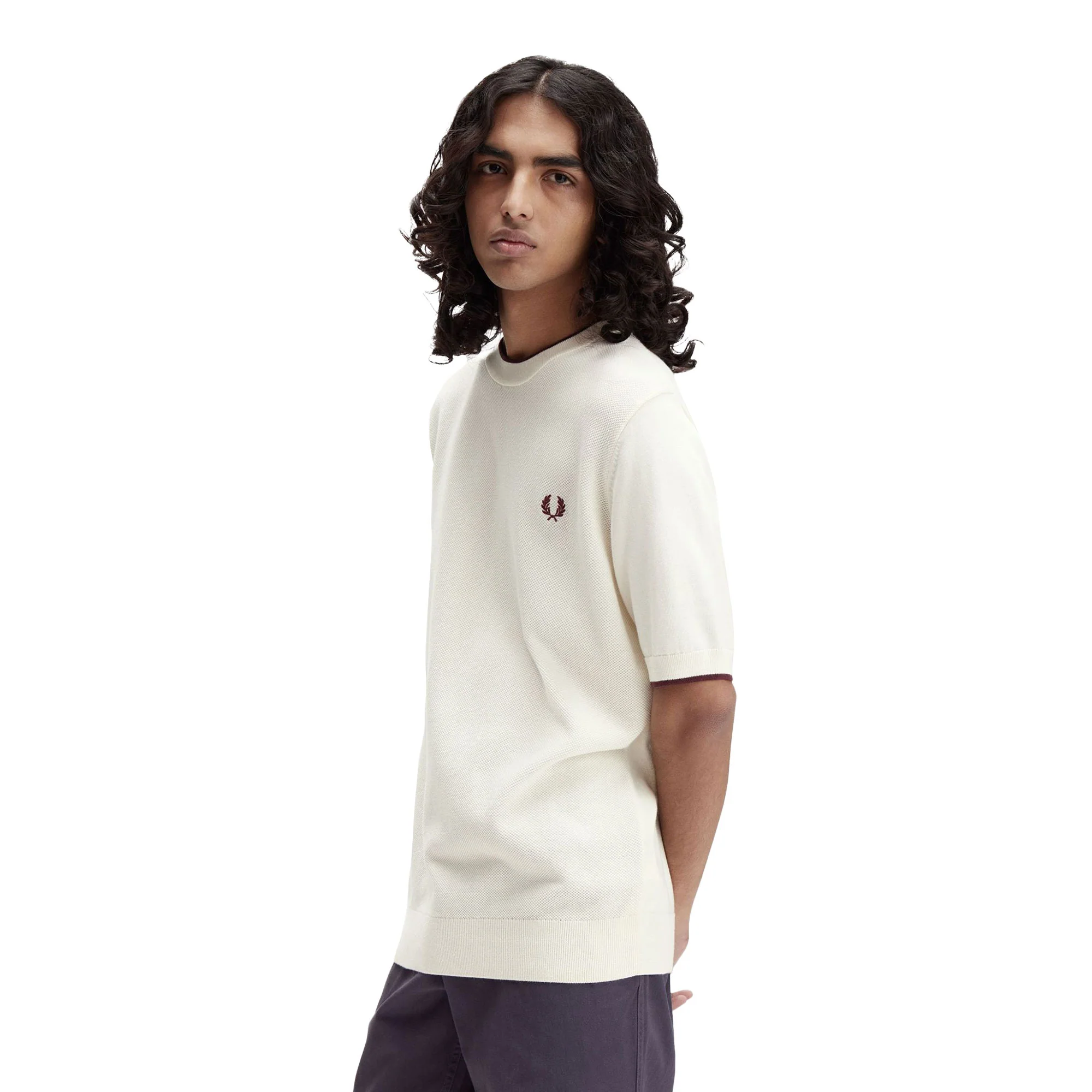 Fred Perry Pique Stitch Knitted T-Shirt Ecru - Image 2