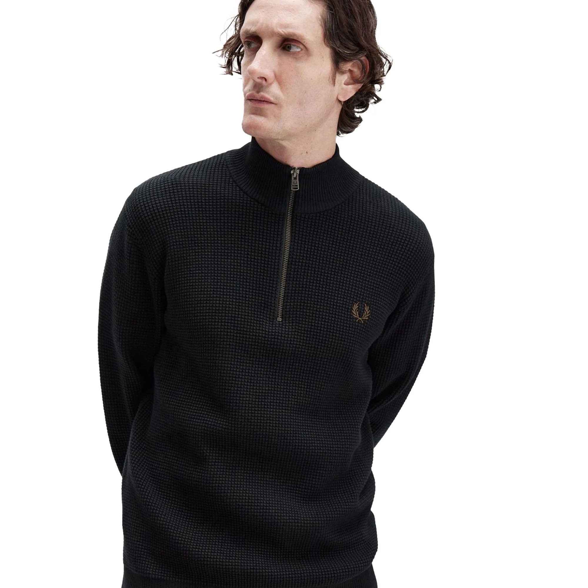 Fred Perry Waffle Stitch Half Zip Jumper Black - Image 4