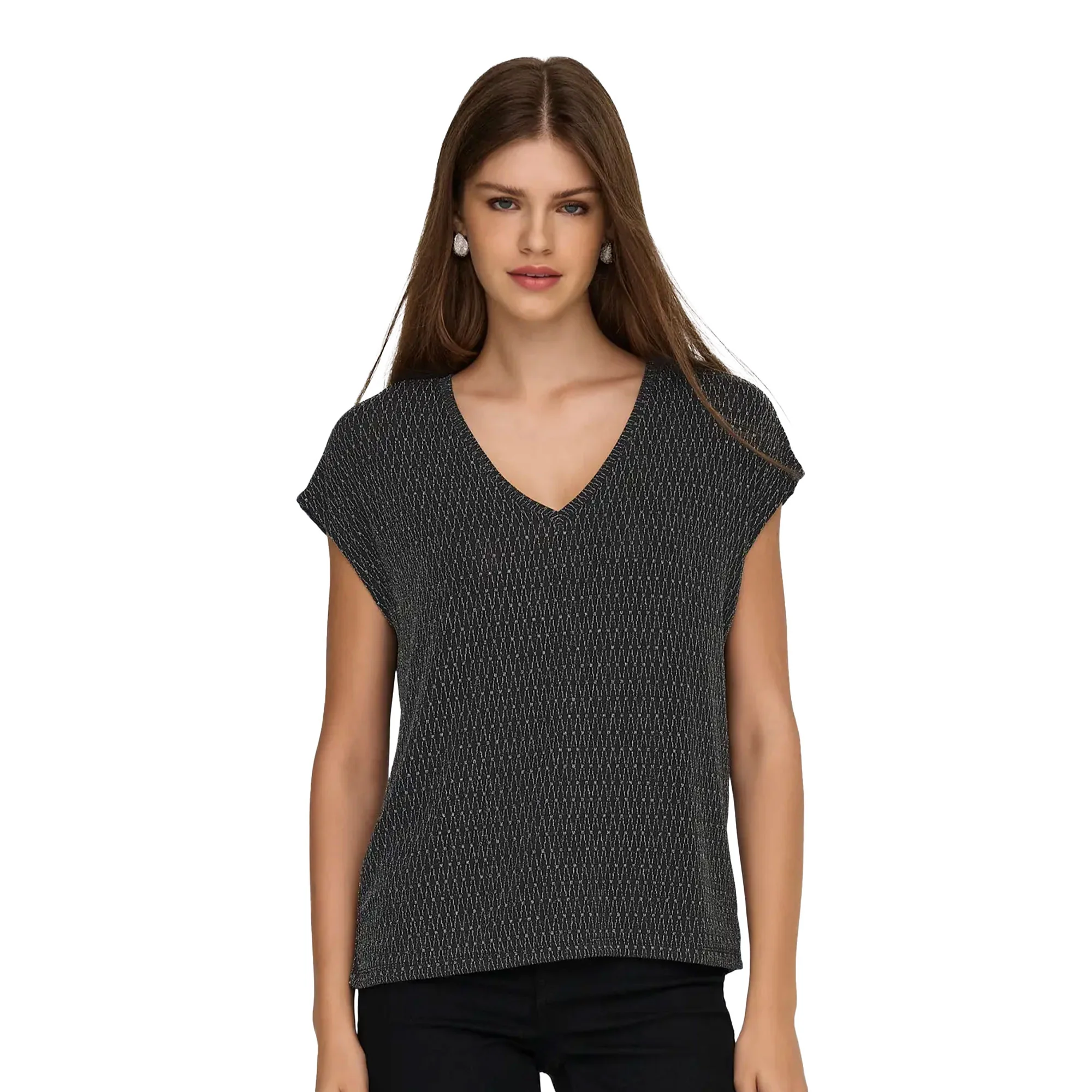Only Carol S/S V-Neck Glitter Top Black/Harlekin Silver