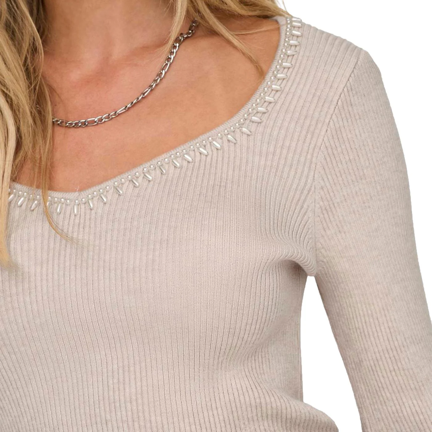 Only Emma LS V-Neck Pearl Knit Pumice Stone - Image 3