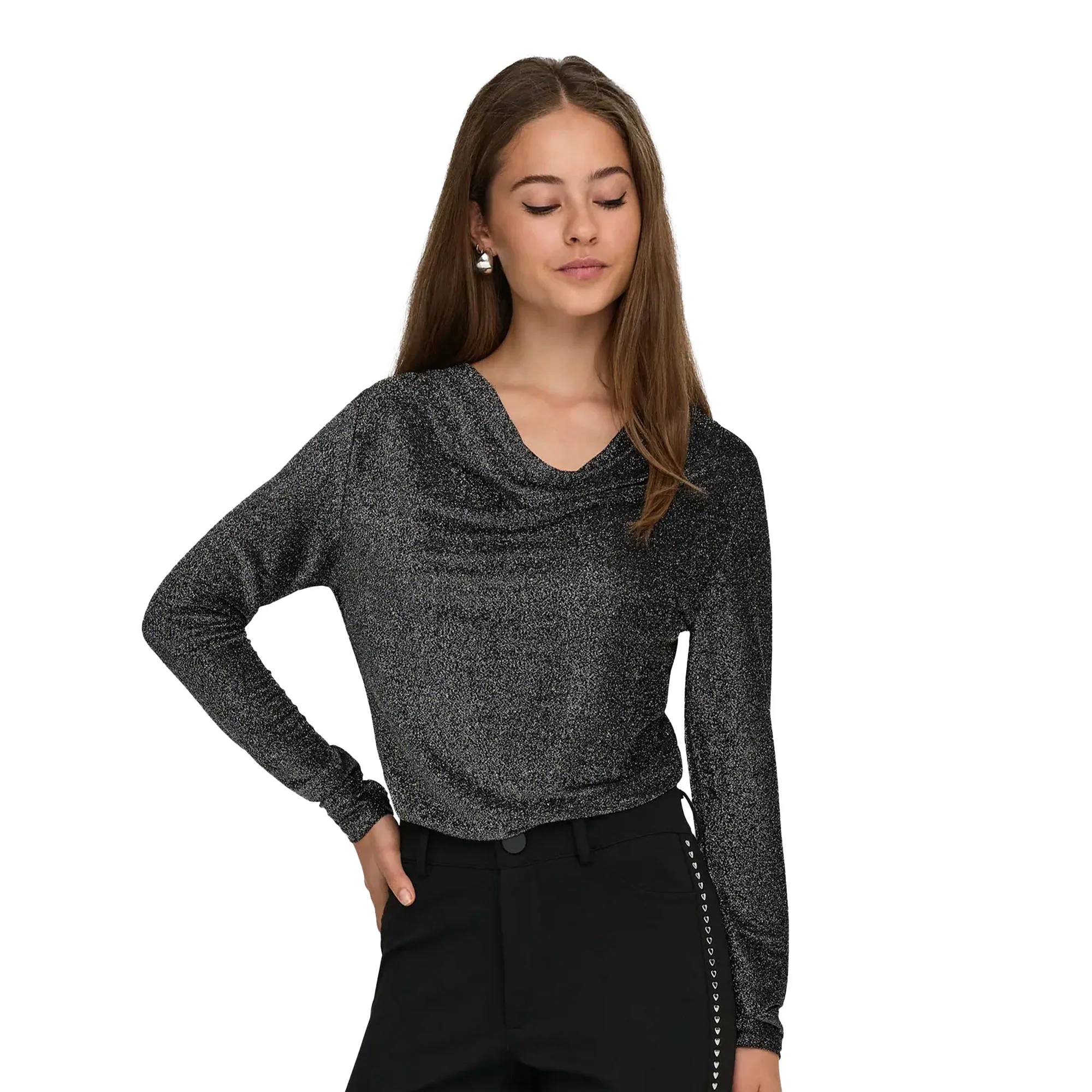 Only Rich L/S Glitter Waterfall Top Black/Silver Glitter