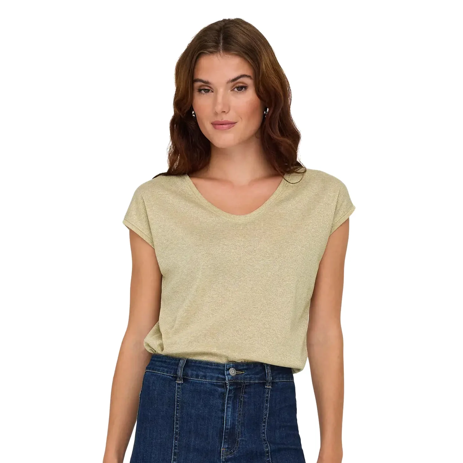 Only Silvery S/S V Neck Lurex Top Gold Colour