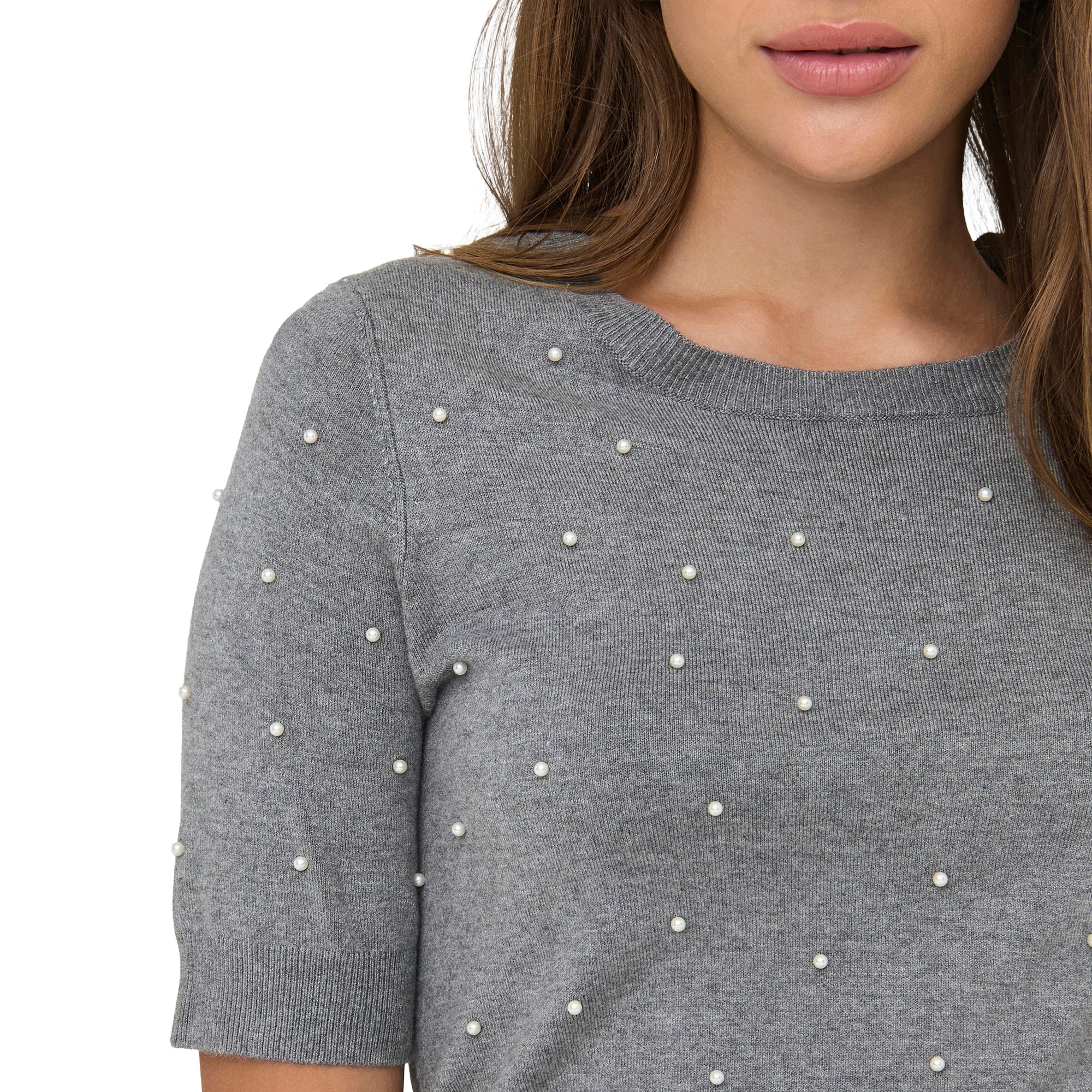 Only Venice Life SS Pearl O-Neck Knit Light Grey Melange - Image 3